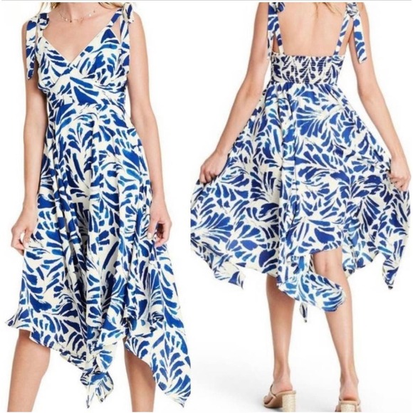 🫆PRICE DROP🫆Alexis blue botanical tie strap asymmetrical hem dress - size L 🤍💙🏝️ - Picture 3 of 12